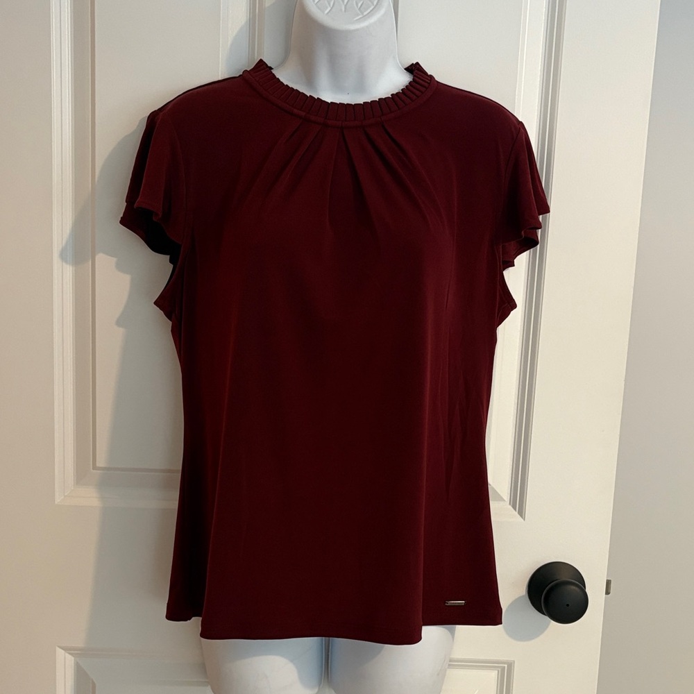 Calvin Klein Burgundy Blouse with Pleated Neckline